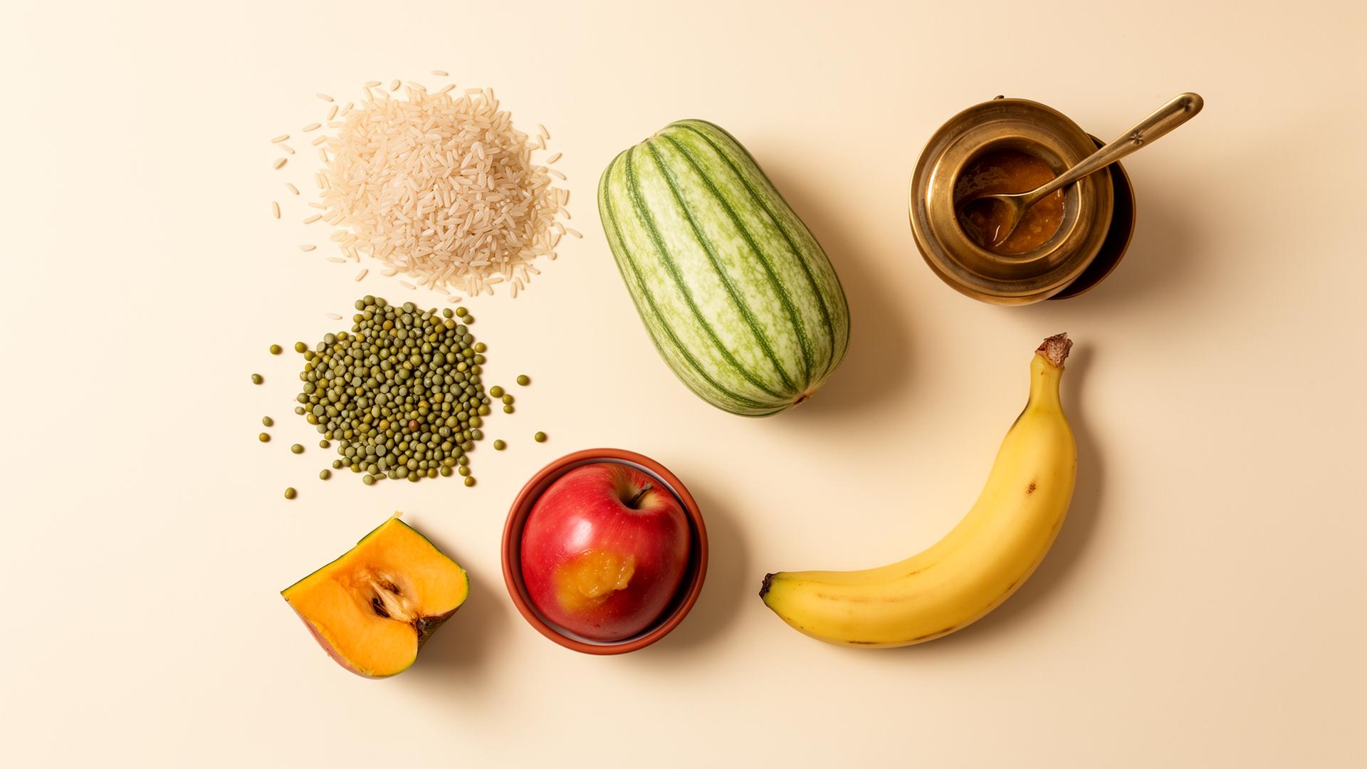 Flat lay of rice, moong dal, bottle gourd, pumpkin, banana, apple and ghee